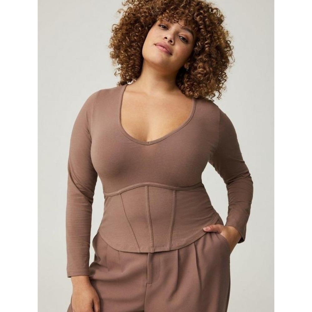 Torrid Foxy Knit V-Neck Long Sleeve Corset Top Deep Taupe 3X 22/24 NWT